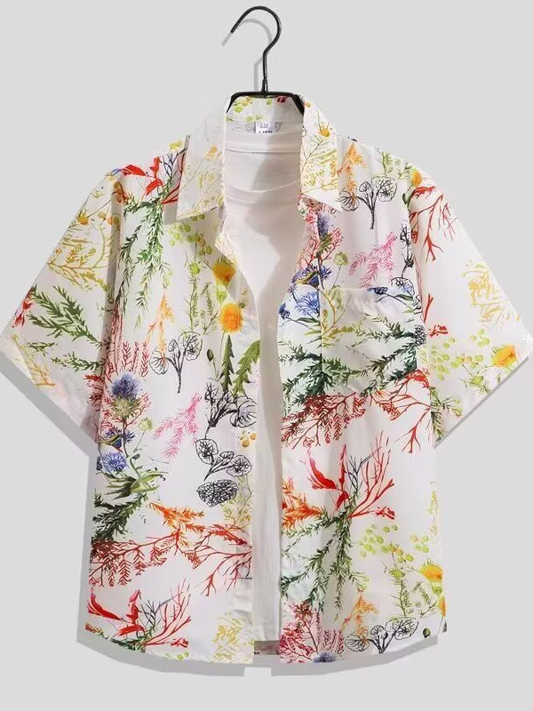 Unisex Thai Resort Floral Short Sleeve Beach Shirt Oversized Fit