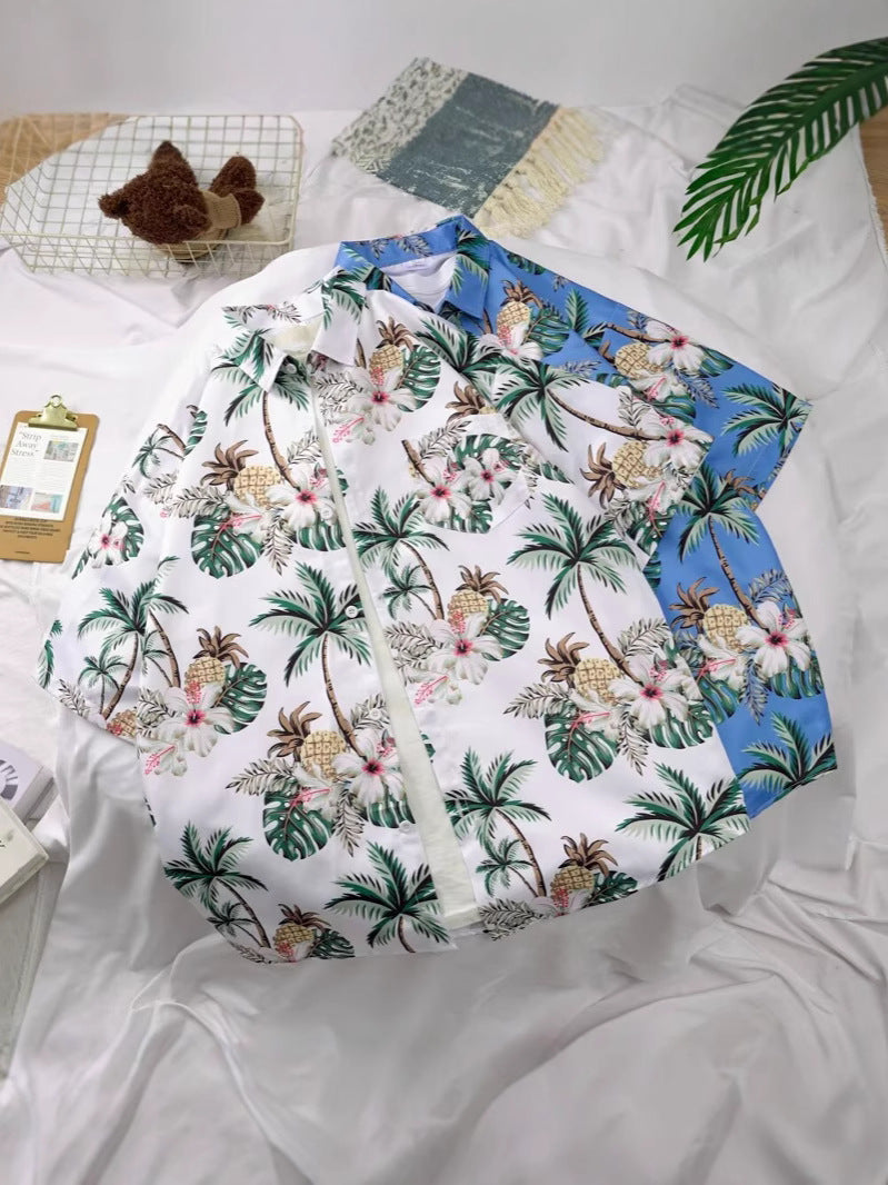 Unisex Hawaiian Coconut Tree Floral Short Sleeve Beach Shirt