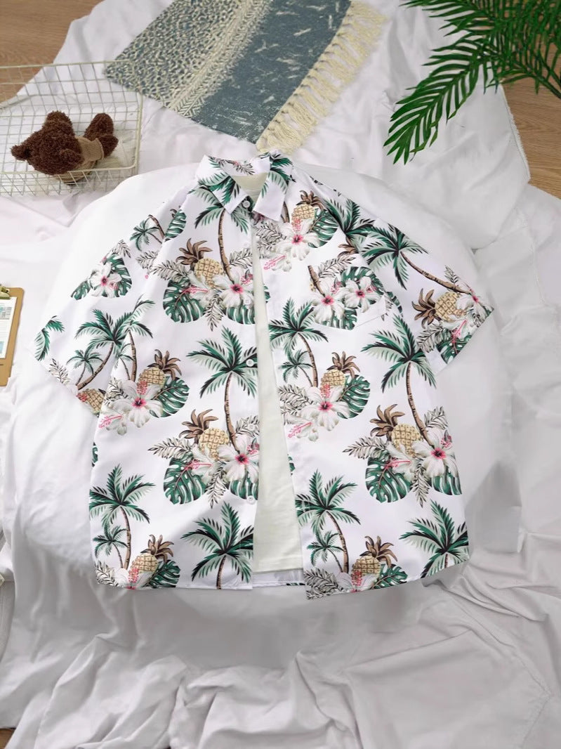Unisex Hawaiian Coconut Tree Floral Short Sleeve Beach Shirt