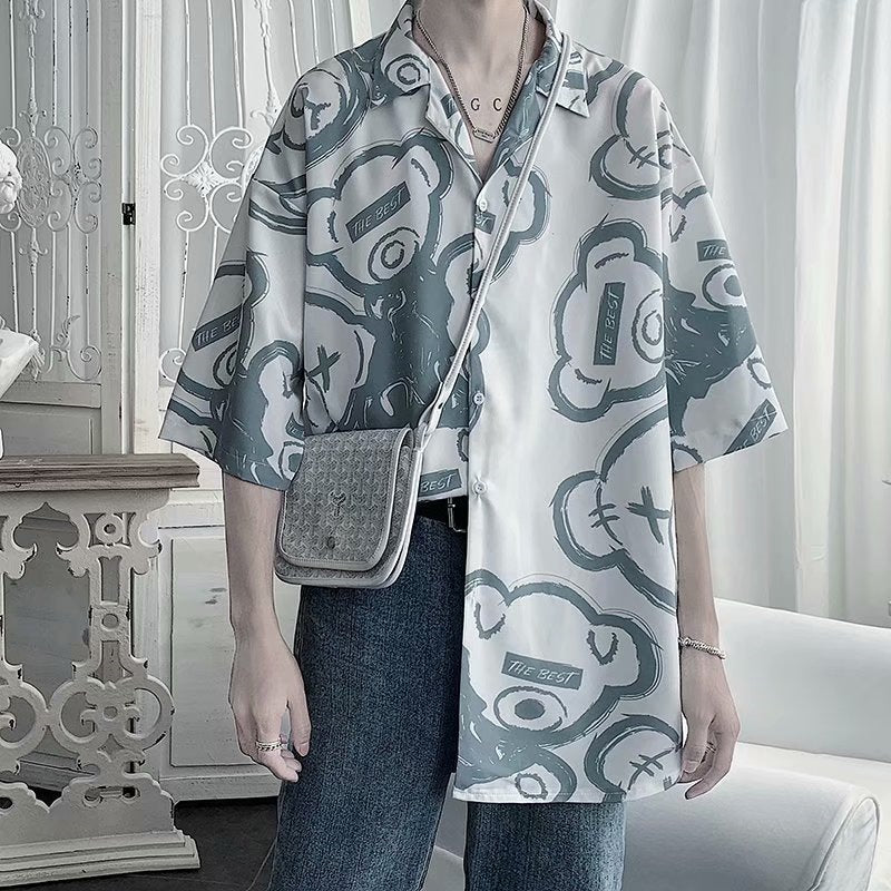 Men's Bear Print Short Sleeve Shirt Thin Summer Casual Jacket