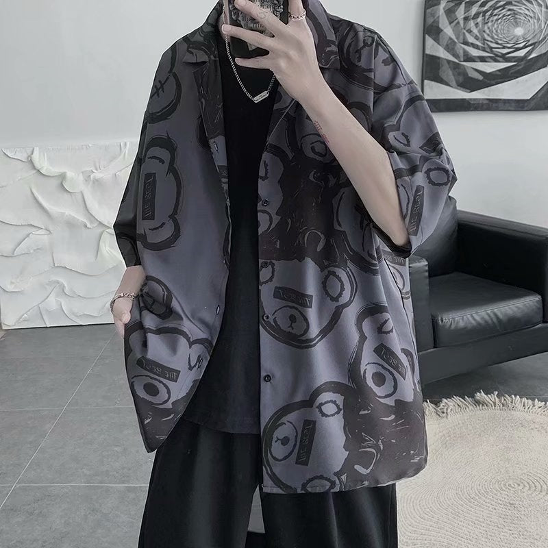 Men's Bear Print Short Sleeve Shirt Thin Summer Casual Jacket