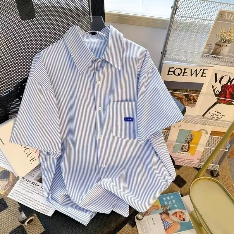 Men's Japanese Style Striped Short Sleeve Shirt Jacket Loose Fit
