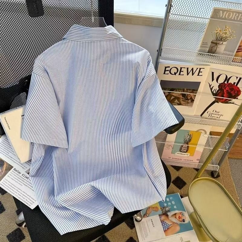 Men's Japanese Style Striped Short Sleeve Shirt Jacket Loose Fit