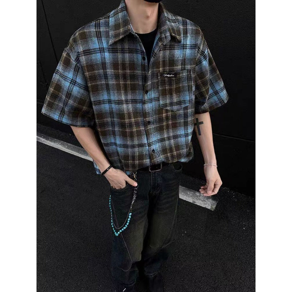 Unisex American Retro Plaid Short Sleeve Loose Summer Shirt