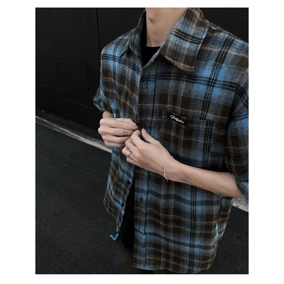 Unisex American Retro Plaid Short Sleeve Loose Summer Shirt