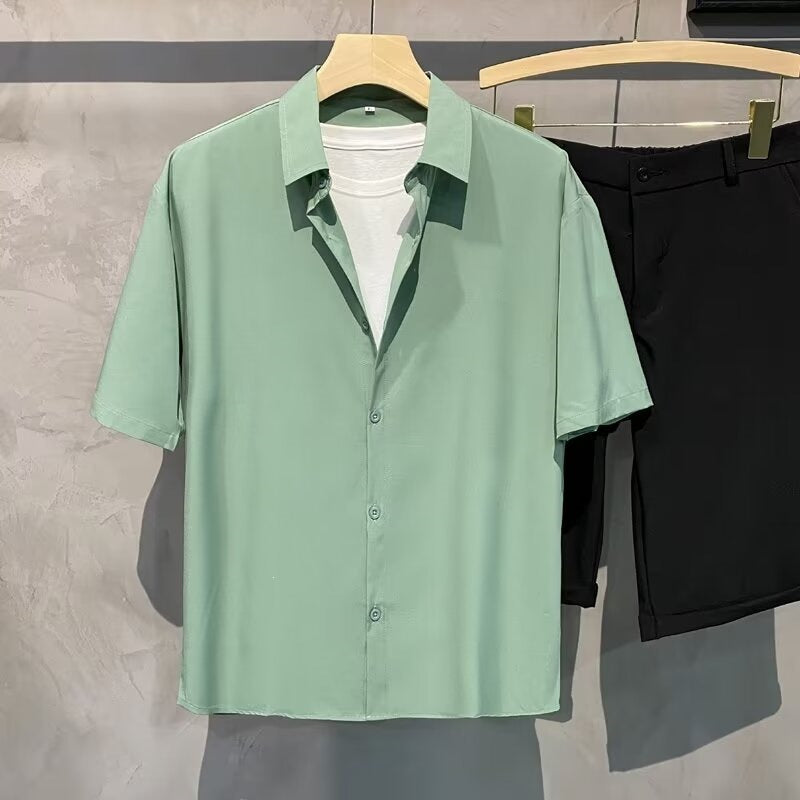Men's Ice Silk Short Sleeve Business Casual Solid Color Shirt