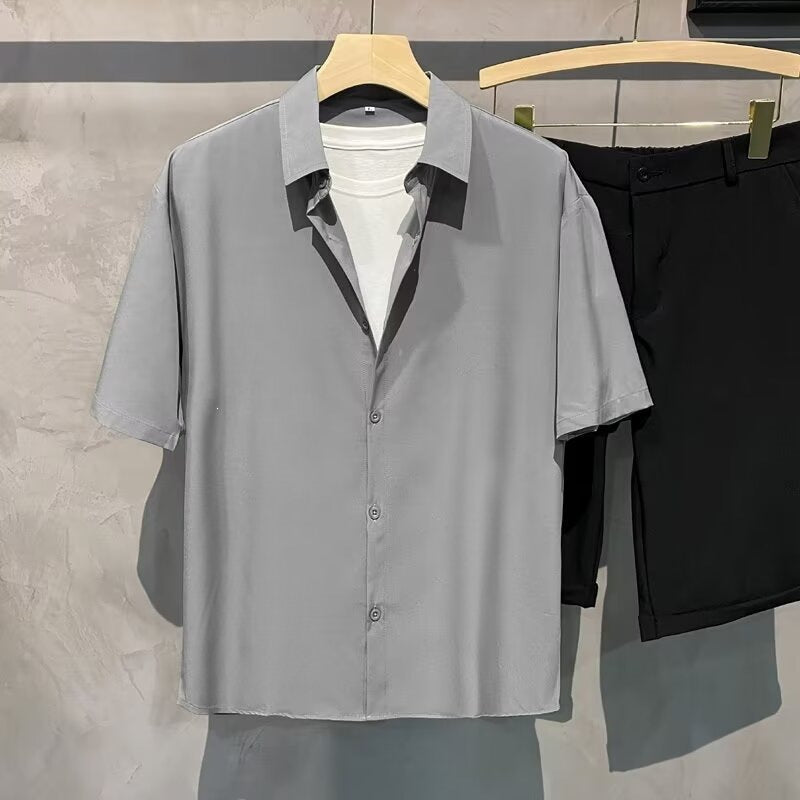 Men's Ice Silk Short Sleeve Business Casual Solid Color Shirt