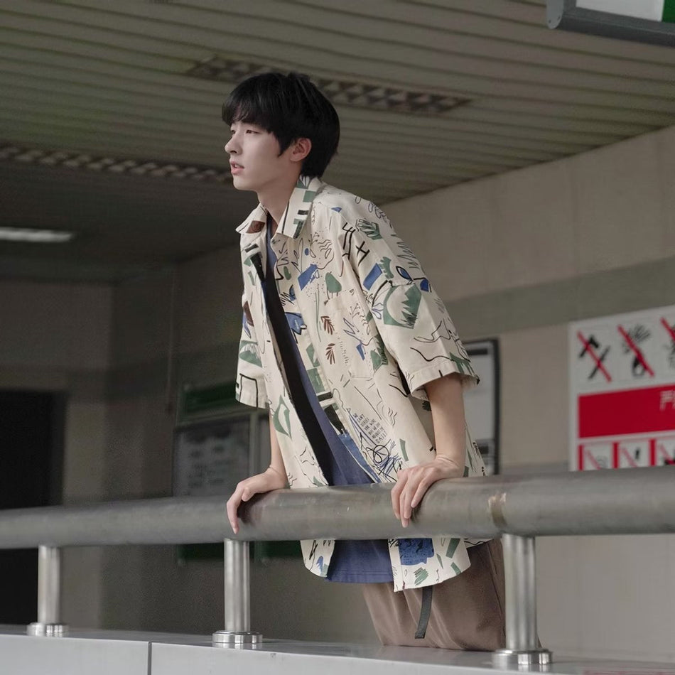 Men's Japanese Style Short Sleeve Artistic Casual Summer Shirt