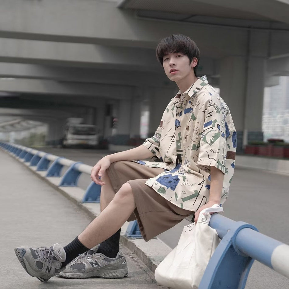 Men's Japanese Style Short Sleeve Artistic Casual Summer Shirt