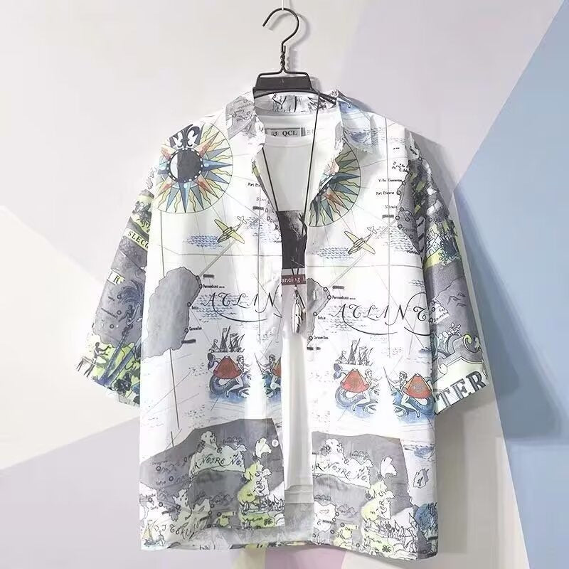 Men's Hong Kong Style Printed Hawaiian Short Sleeve Beach Shirt