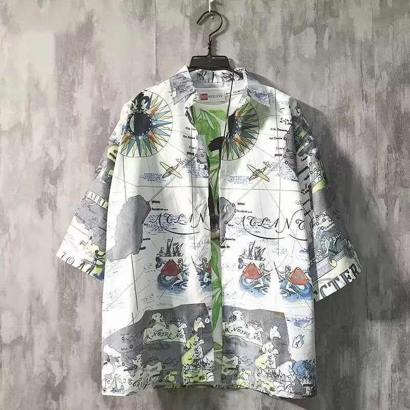 Men's Hong Kong Style Printed Hawaiian Short Sleeve Beach Shirt