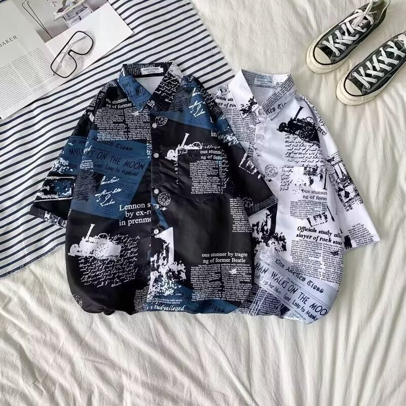 Unisex Retro Newspaper Print Hawaiian Short Sleeve Beach Shirt