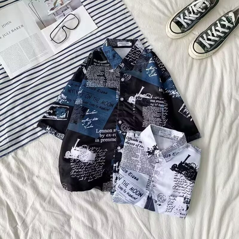 Unisex Retro Newspaper Print Hawaiian Short Sleeve Beach Shirt