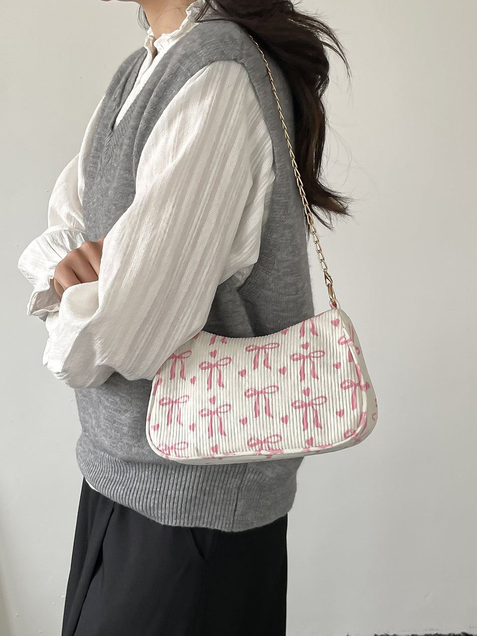Women's Corduroy Chain Shoulder Bag with Bow Detail