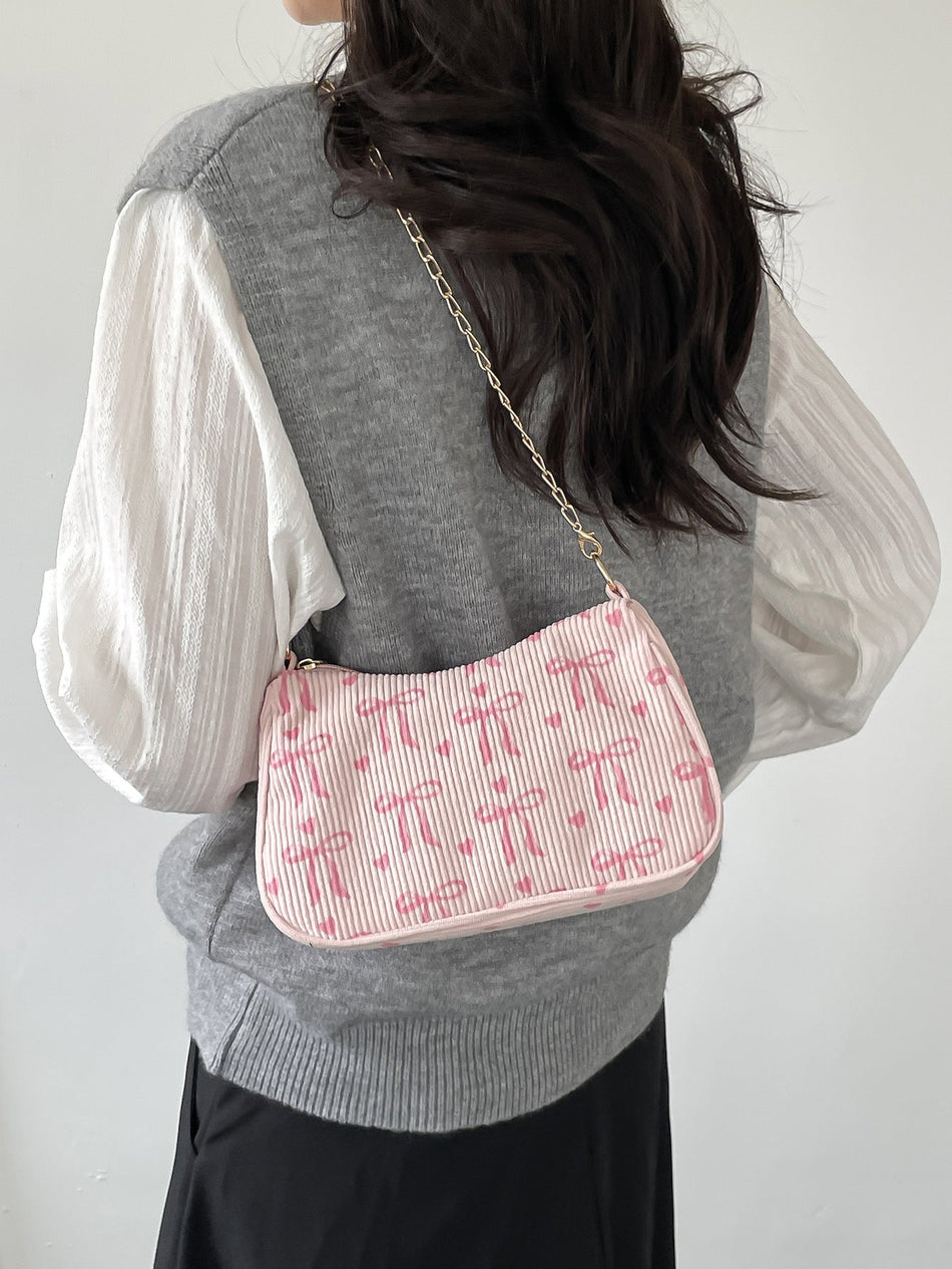 Women's Corduroy Chain Shoulder Bag with Bow Detail