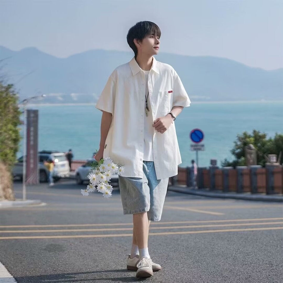 Men's High Street Solid Color Short Sleeve Loose Casual Shirt