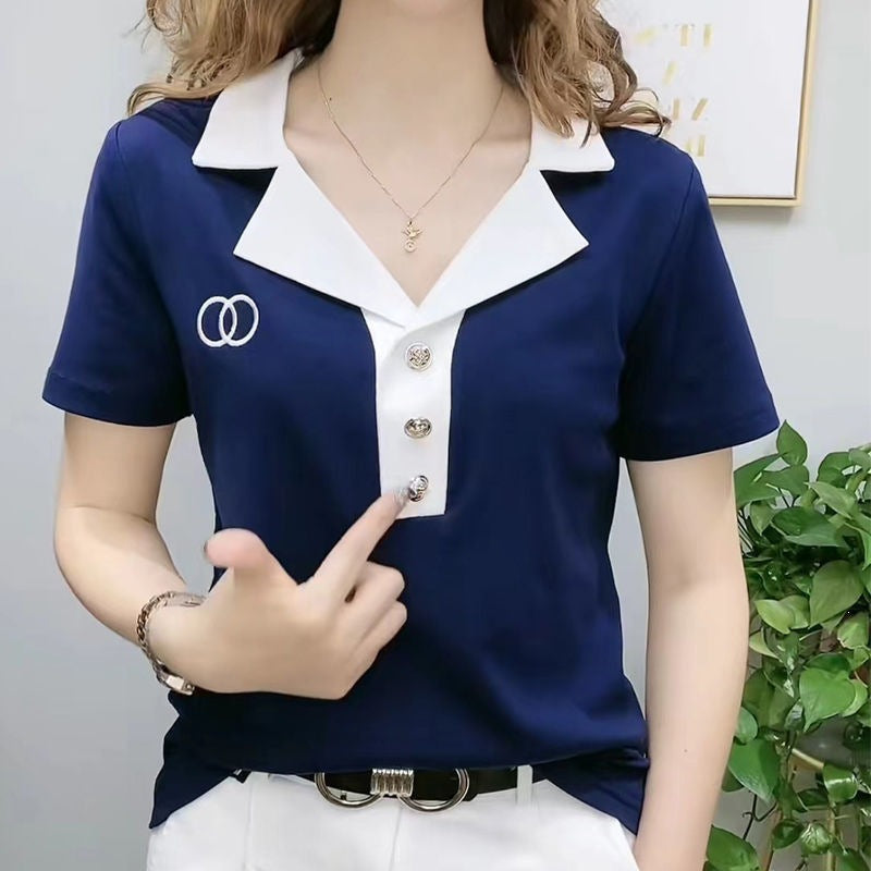 Women's Lapel Polo T-Shirt Slim Fit Casual Embroidered Top