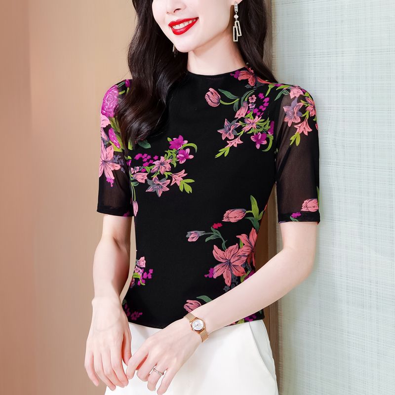 Mesh Printed Slim Fit Half-High Collar Short Sleeve T-Shirt