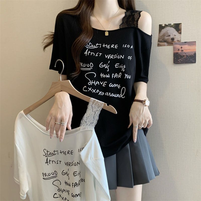 Women's Plus Size Off-Shoulder Letter Print Short Sleeve T-Shirt
