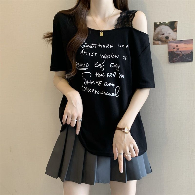 Women's Plus Size Off-Shoulder Letter Print Short Sleeve T-Shirt
