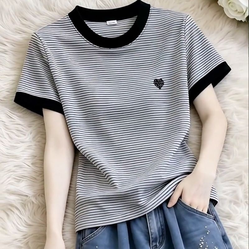 Women's Slim Fit Round Neck Embroidered Short Sleeve T-Shirt