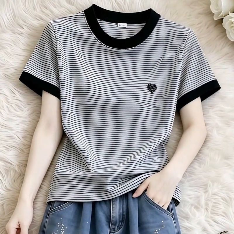 Women's Slim Fit Round Neck Embroidered Short Sleeve T-Shirt