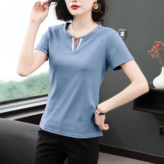Women's Loose Fit V-Neck Short Sleeve Solid Color T-Shirt