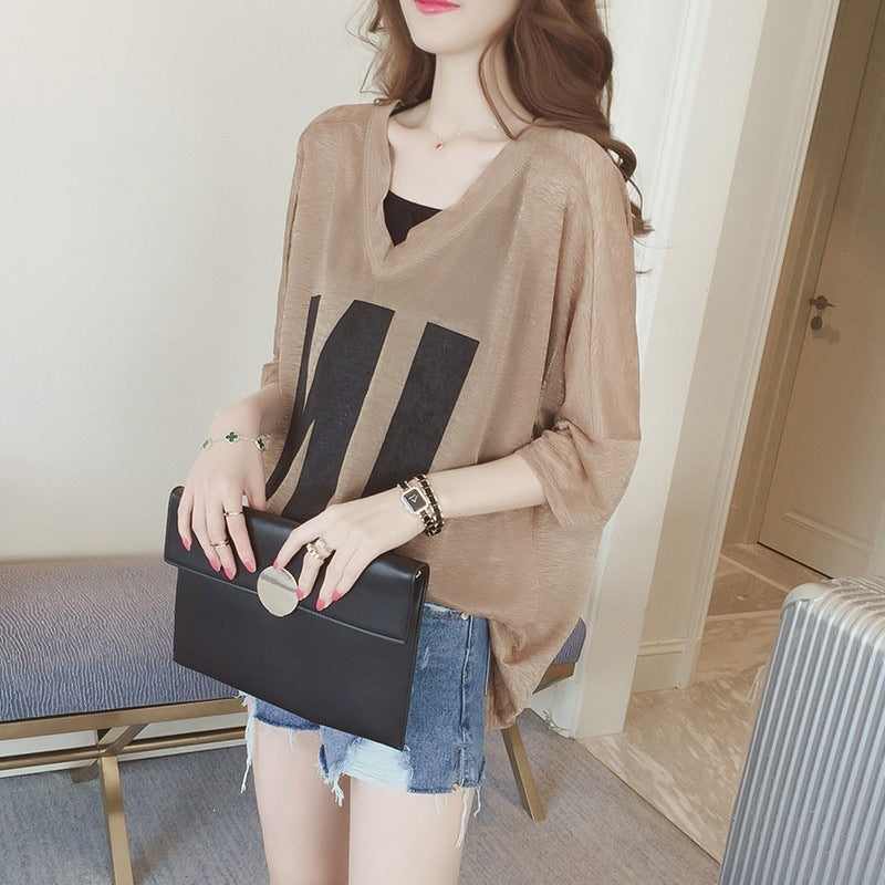 Women's Plus Size Loose Fit V-Neck Two-Piece T-Shirt Set