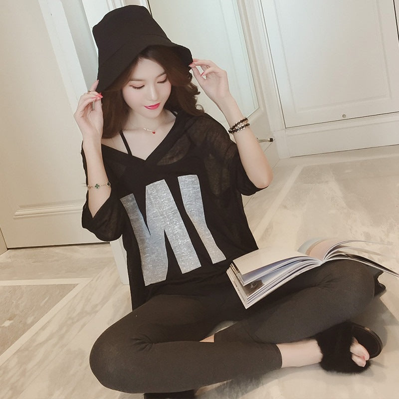 Women's Plus Size Loose Fit V-Neck Two-Piece T-Shirt Set