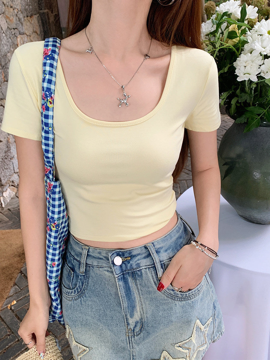 Women's Slim Fit U-Neck Cropped Short Sleeve T-Shirt