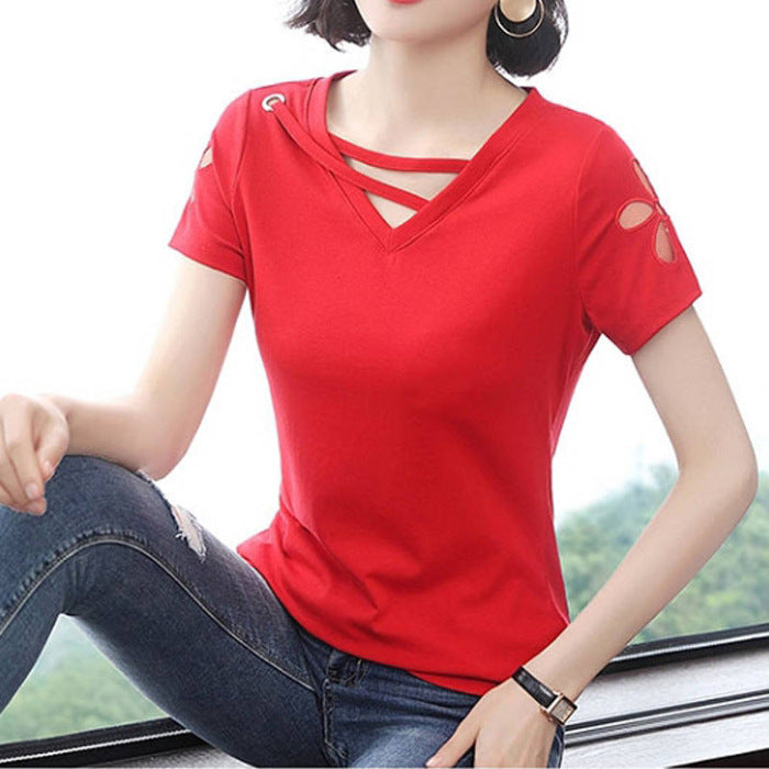 Women's Embroidered V-Neck Loose Fit Short Sleeve T-Shirt