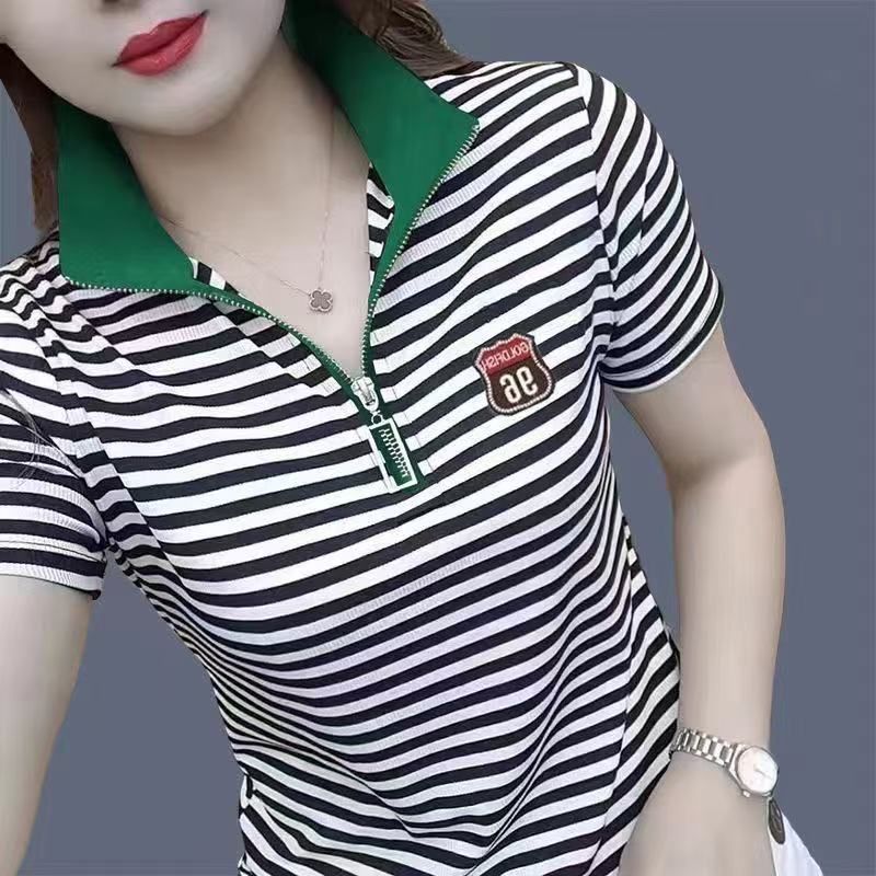 Women's Loose Fit Polo Collar Printed Short Sleeve T-Shirt