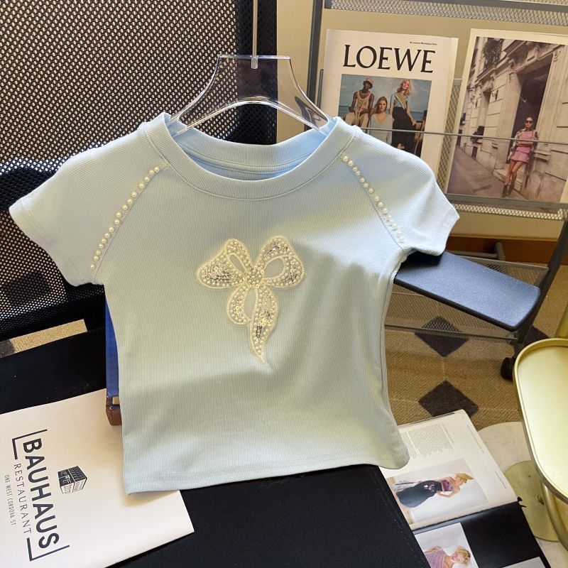 Women's Slim Fit Bow Embroidery Short Sleeve T-Shirt