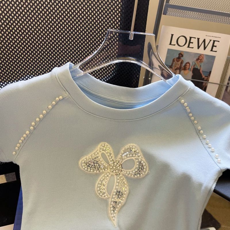 Women's Slim Fit Bow Embroidery Short Sleeve T-Shirt