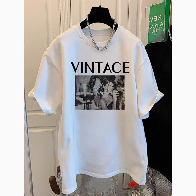 Women's Loose Fit Printed Crew Neck Mid-Length T-Shirt