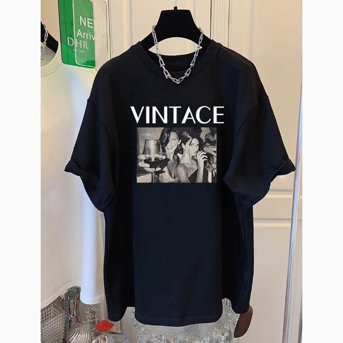 Women's Loose Fit Printed Crew Neck Mid-Length T-Shirt