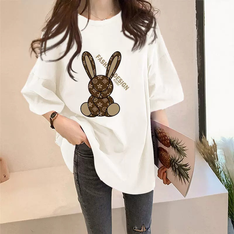Women's Rabbit Cartoon Print Loose Fit Short Sleeve T-Shirt