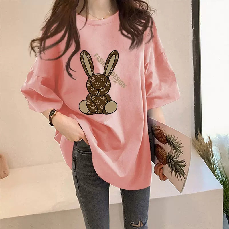 Women's Rabbit Cartoon Print Loose Fit Short Sleeve T-Shirt