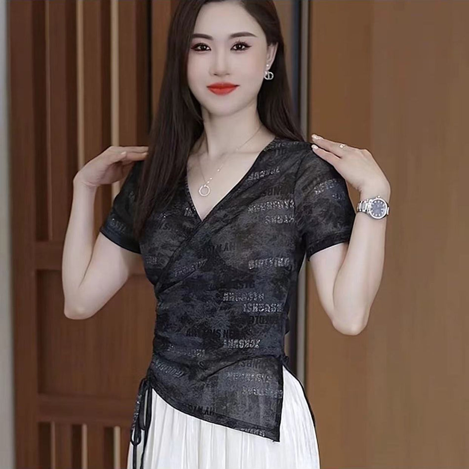 Women's V-Neck Drawstring Printed Short Sleeve Mesh Top