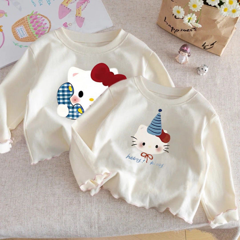 Girls Cotton Long Sleeve Cartoon T-Shirt Ruffle Neck Top