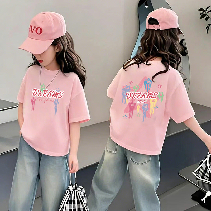 Girls Cartoon Print Cotton T-Shirt Breathable Summer Tee