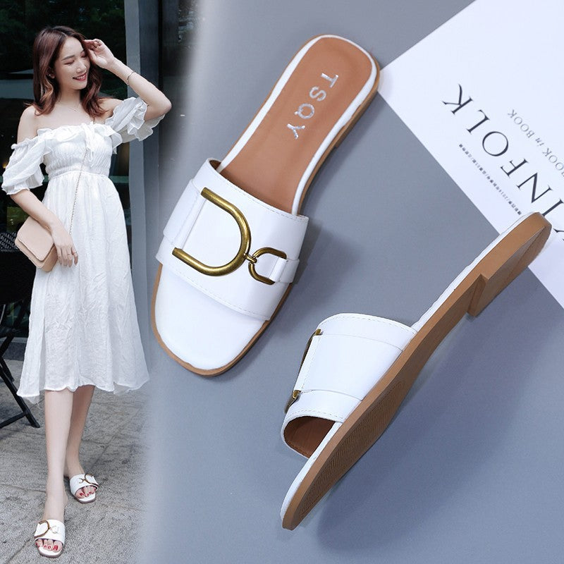 Women's Soft Leather Flat Slip-On Sandals Summer Casual Style