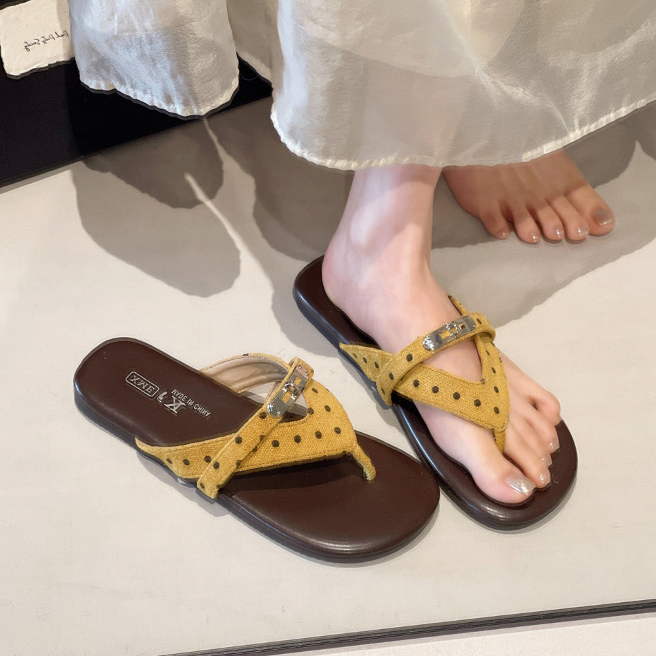 Women's Polka Dot Flat Flip Flops Korean Style Summer Beach