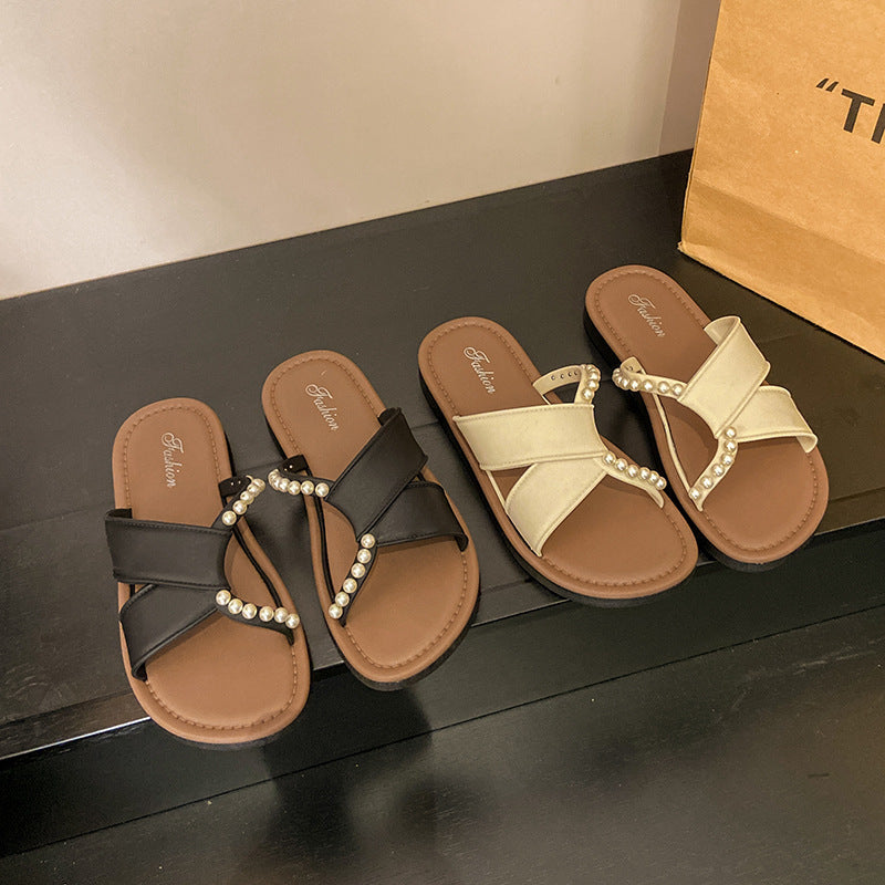 Women's Pearl Flat Sandals Summer Beach Slippers Casual Fashion