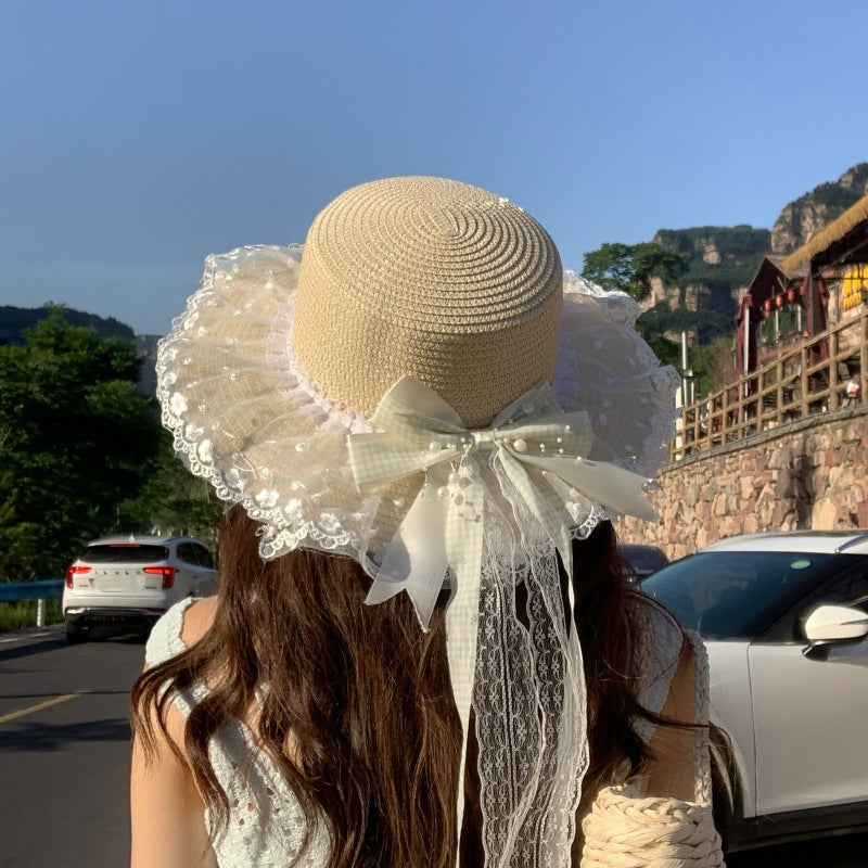 Women's Bowknot Straw Sun Hat Pastoral Style Summer Versatile
