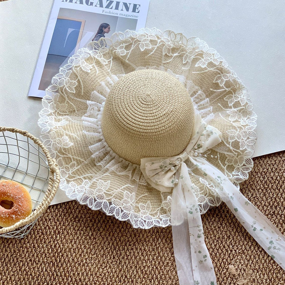 Women's Bowknot Straw Sun Hat Pastoral Style Summer Versatile
