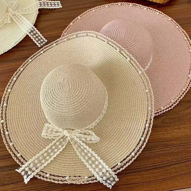Women's Bow Lace Straw Hat Wide Brim Sun Protection Beach Style