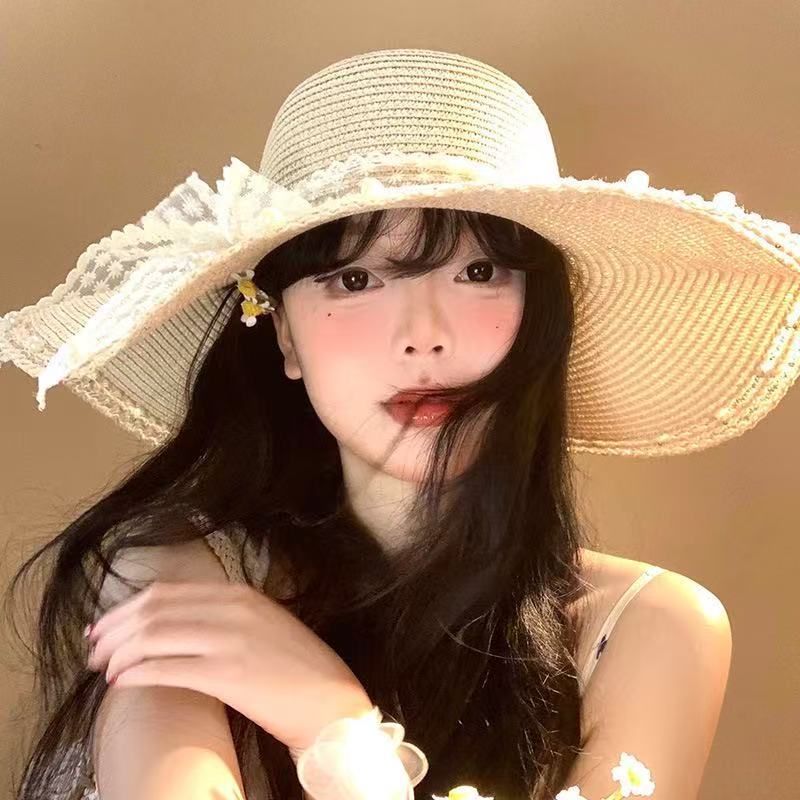 Women's Bow Lace Straw Hat Wide Brim Sun Protection Beach Style