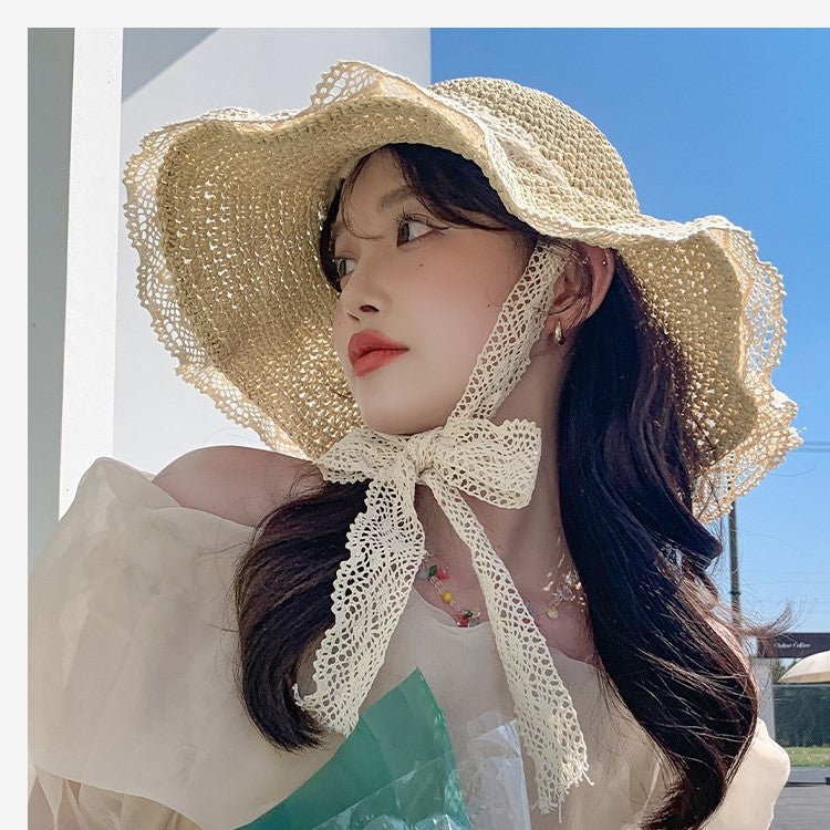 Women's Lace Straw Sun Hat Wide Brim Japanese Style Beach Hat