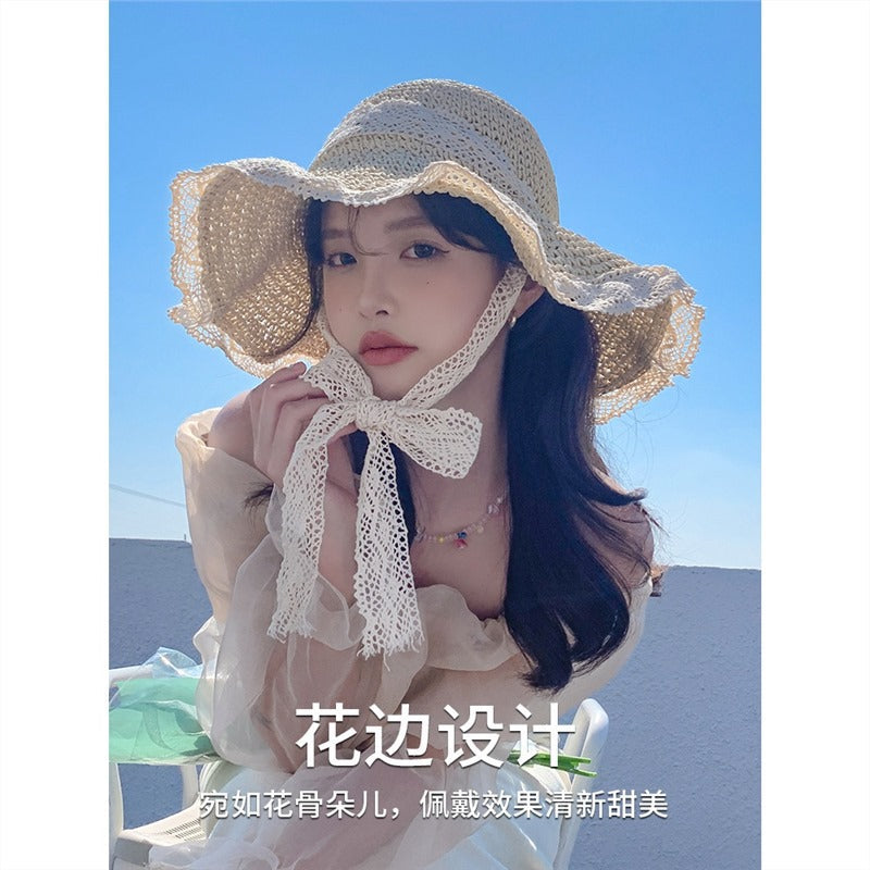 Women's Lace Straw Sun Hat Wide Brim Japanese Style Beach Hat